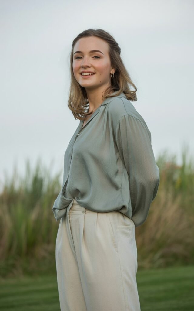 A natural-looking young woman wearing a monochrome outfit in soft pastel tones like blush or sage. Theme family photo outfits