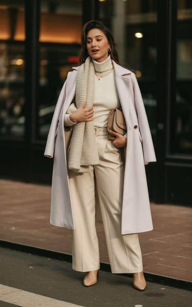 A natural-looking young woman wearing a monochrome winter white outfit with mixed textures and nude accessories. Theme date night outfit winter