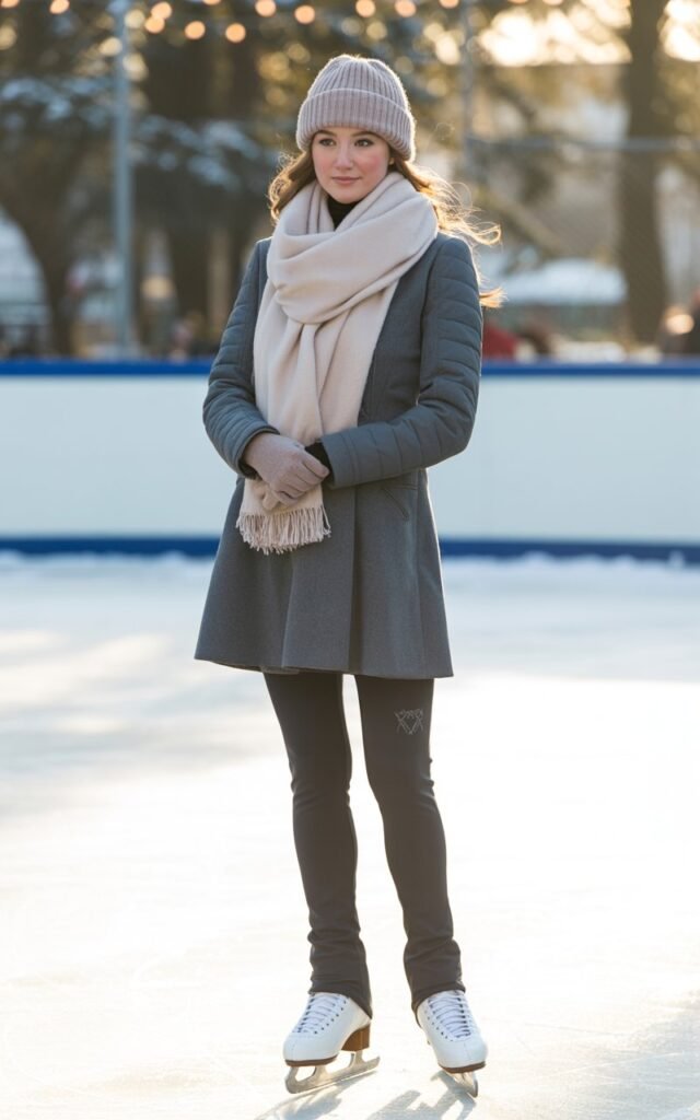 A natural-looking young woman wearing a neutral scarf wrapped around a fitted winter coat. Theme ice skating outfit