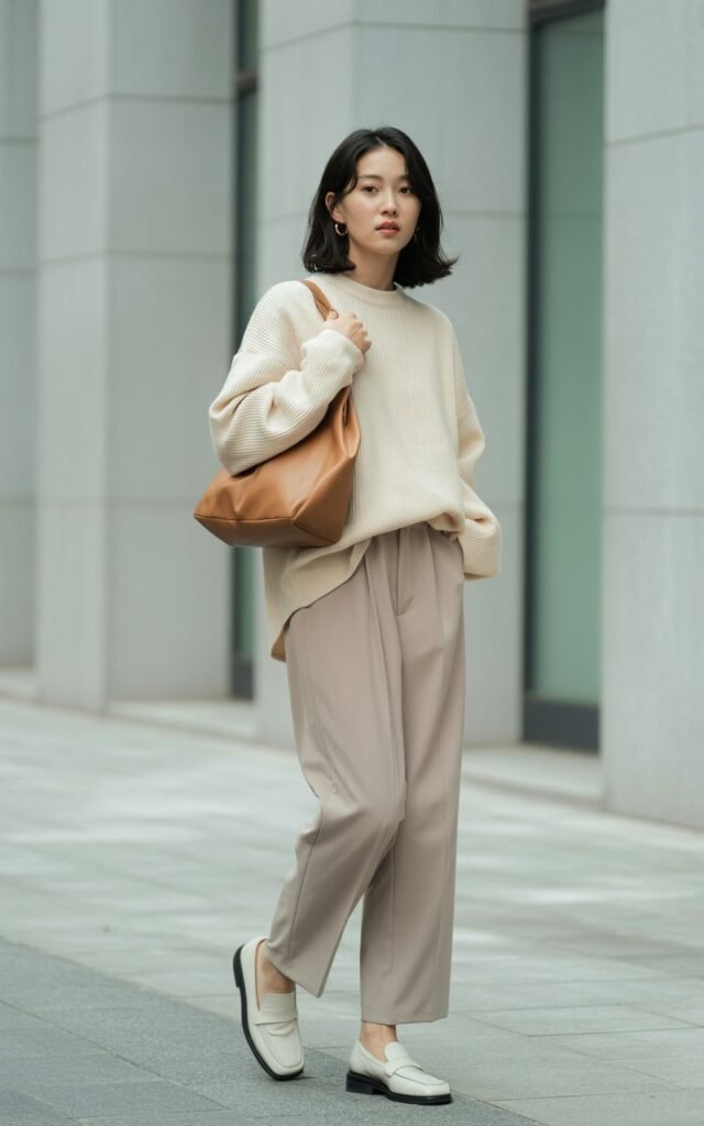 A natural-looking young woman wearing a neutral-toned outfit styled with a structured shoulder bag and sleek flats. Theme korean casual outfits
