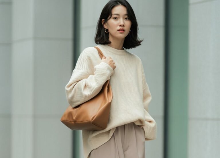 A natural-looking young woman wearing a neutral-toned outfit styled with a structured shoulder bag and sleek flats. Theme korean casual outfits