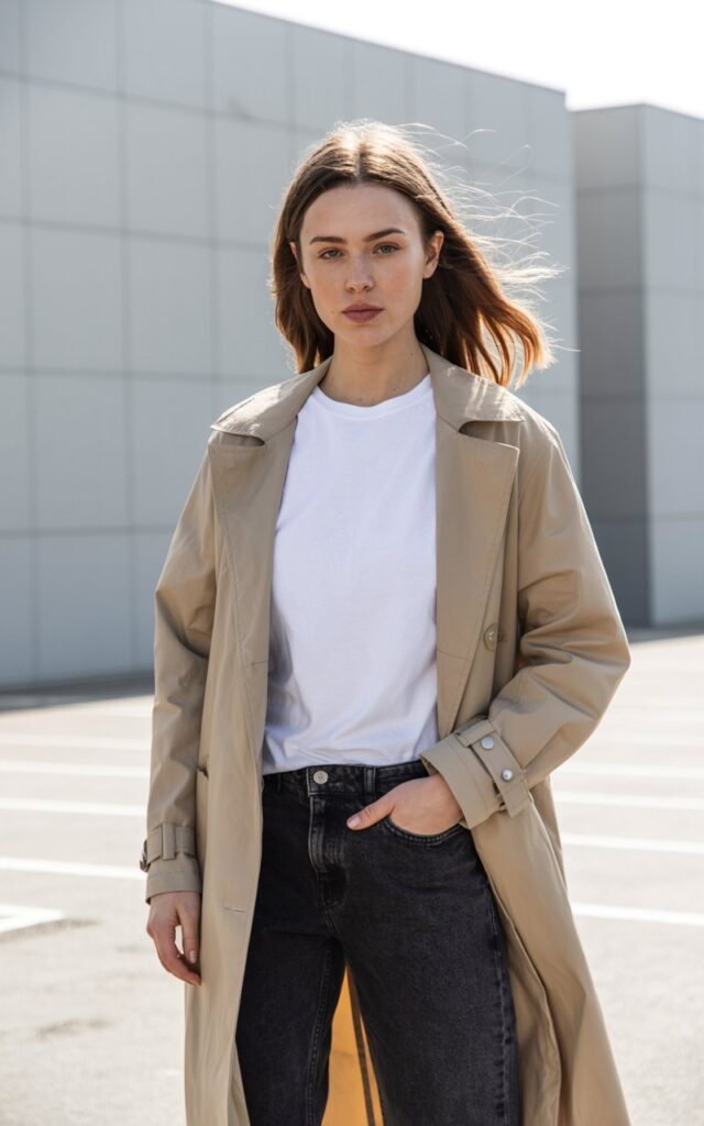 A natural-looking young woman wearing a neutral trench coat layered over a casual base outfit. Theme lookbook outfits