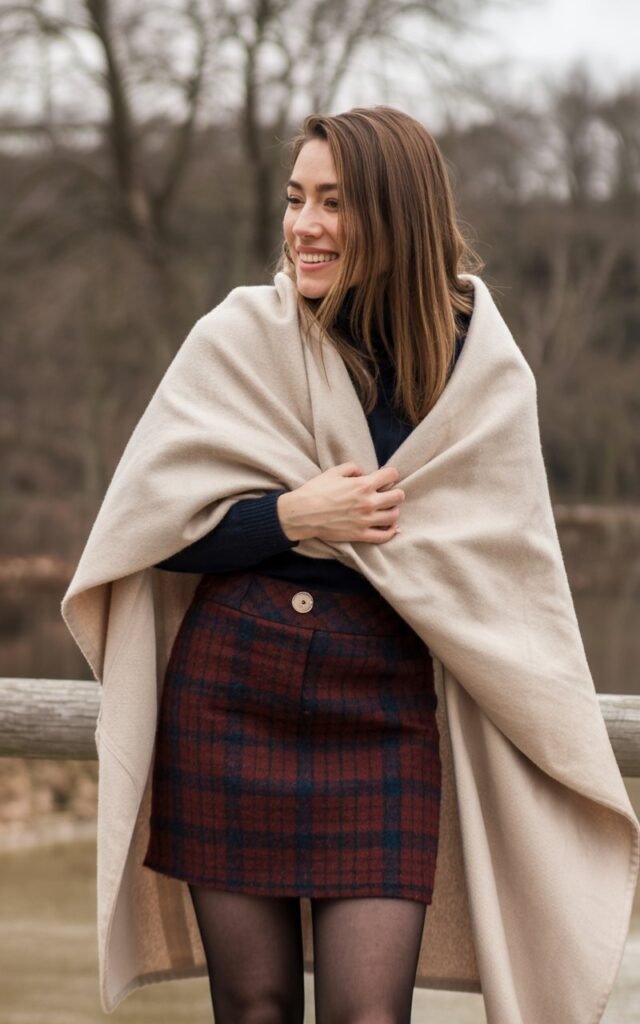 A natural-looking young woman wearing a plaid mini skirt elevated with a neutral wool scarf. Theme mini skirt outfit winter