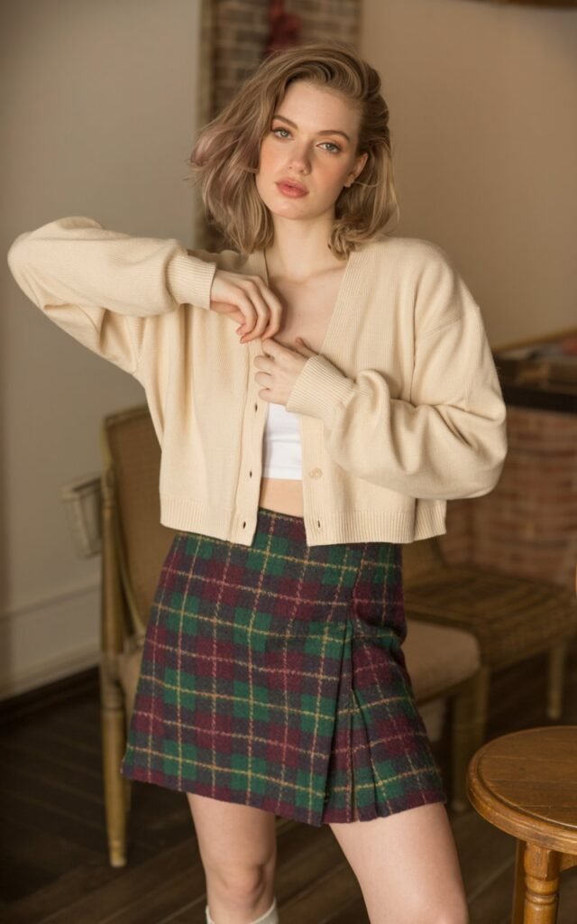 A natural-looking young woman wearing a plaid mini skirt paired with a cropped cardigan. Theme 90s outfits