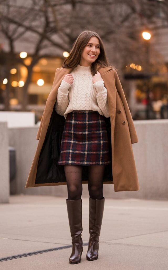 A natural-looking young woman wearing a plaid mini skirt with opaque tights and knee-high boots. Theme date night outfit winter