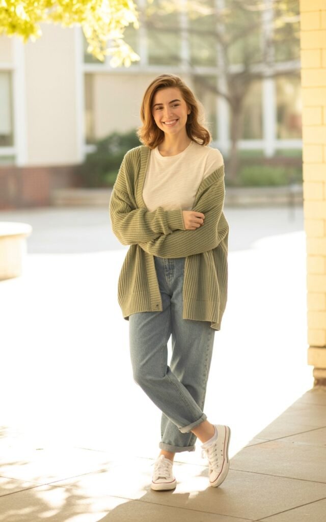 “A natural-looking young woman wearing a plain tee layered with a cardigan and sneakers. Theme cute outfits for school”