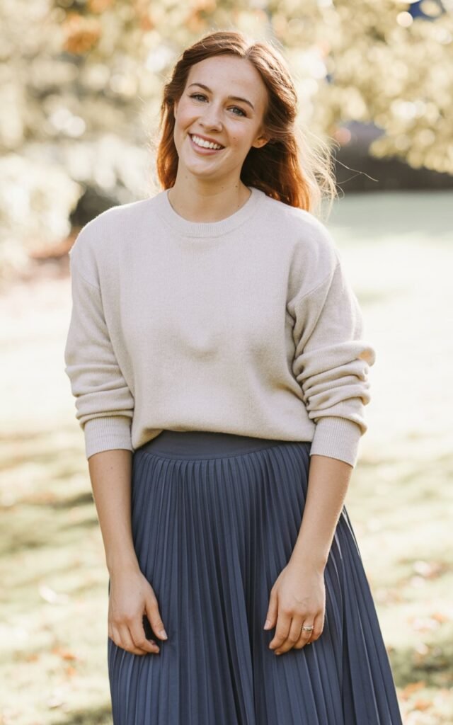 A natural-looking young woman wearing a pleated skirt combined with a tucked-in lightweight sweater. Theme family photo outfits