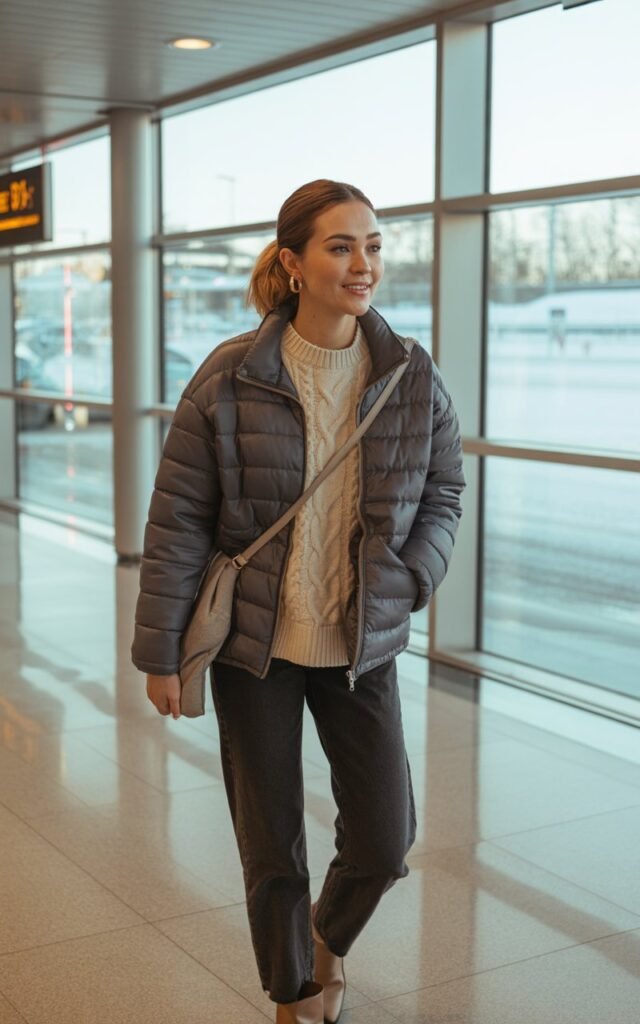 A natural-looking young woman wearing a quilted jacket over a knit top and jeggings. Theme airport outfit winter