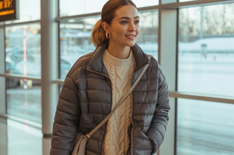 A natural-looking young woman wearing a quilted jacket over a knit top and jeggings. Theme airport outfit winter