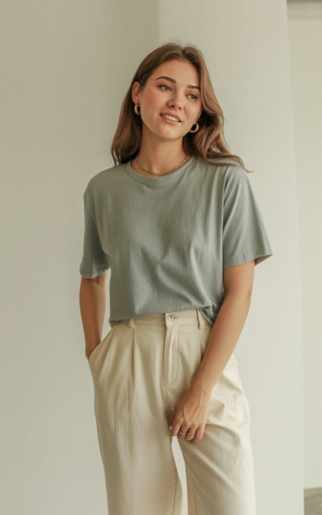 A natural-looking young woman wearing a relaxed graphic tee tucked into wide-leg pants with minimal jewelry. Theme korean casual outfits