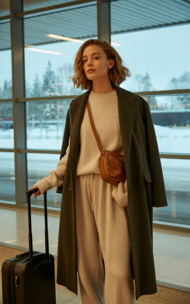A natural-looking young woman wearing a ribbed knit set layered with a tailored coat. Theme airport outfit winter