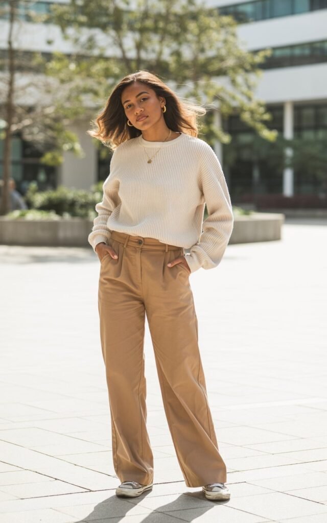 “A natural-looking young woman wearing a ribbed knit top with high-waisted wide-leg pants. Theme cute outfits for school”