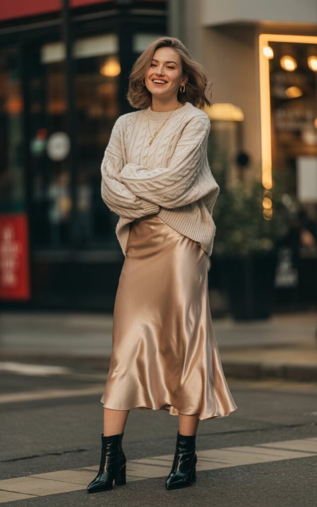 A natural-looking young woman wearing a satin midi skirt paired with a chunky knit sweater and heeled boots. Theme date night outfit winter