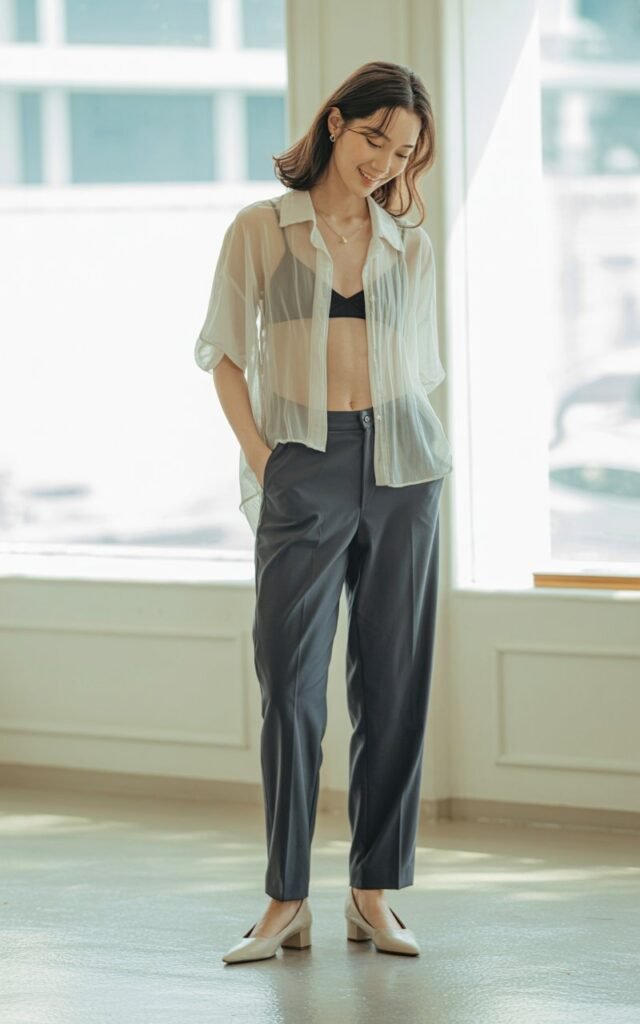 A natural-looking young woman wearing a sheer top layered over a bralette with tailored pants and minimal heels. Theme korean casual outfits
