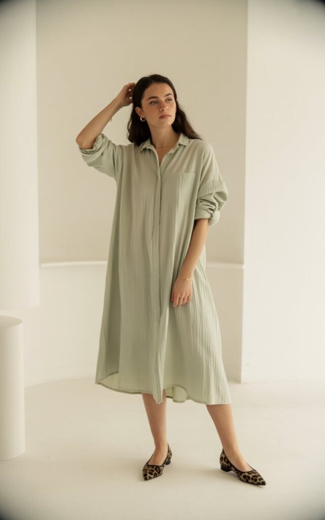 A natural-looking young woman wearing a shirt dress styled with statement flats. Theme lookbook outfits