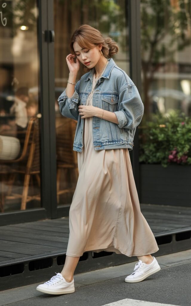 A natural-looking young woman wearing a simple midi dress layered with a slightly oversized denim jacket and casual sneakers. Theme korean casual outfits