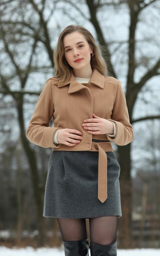 A natural-looking young woman wearing a simple mini skirt outfit topped with a belted coat. Theme mini skirt outfit winter