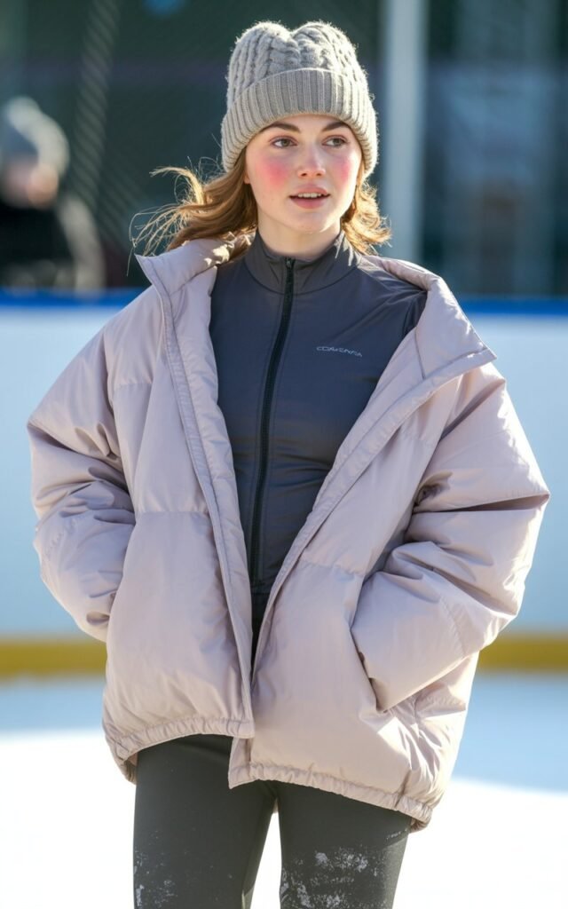 A natural-looking young woman wearing a slim base layer styled with an oversized winter jacket. Theme ice skating outfit