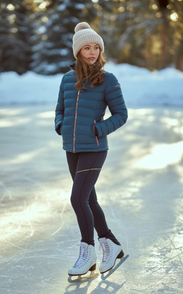 A natural-looking young woman wearing a soft beanie or knit headband as a winter accessory. Theme ice skating outfit