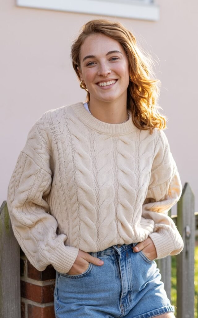 “A natural-looking young woman wearing a statement top paired with minimal bottoms. Theme cute outfits for school”