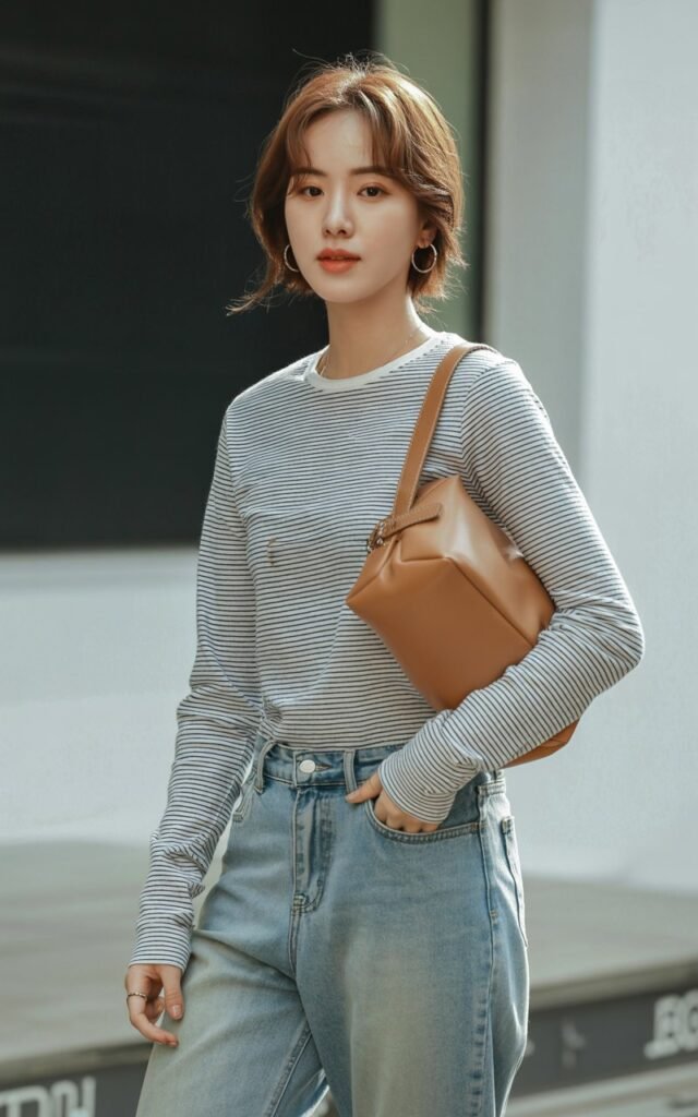 A natural-looking young woman wearing a striped long-sleeve top with relaxed jeans and a structured shoulder bag. Theme korean casual outfits