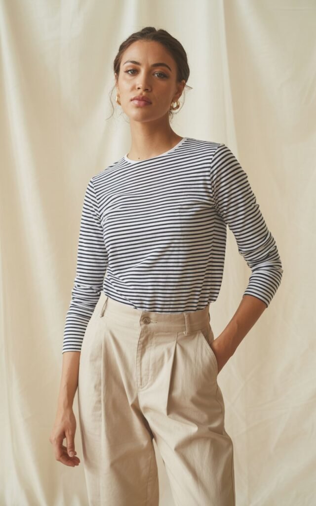 A natural-looking young woman wearing a striped top paired with neutral trousers. Theme lookbook outfits
