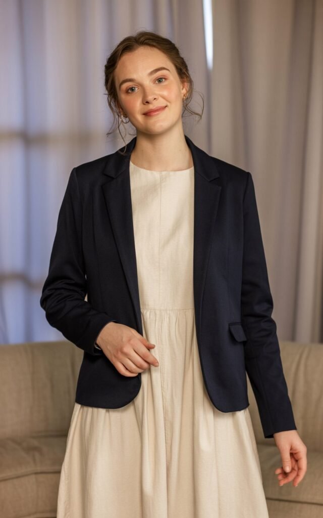 A natural-looking young woman wearing a structured blazer layered over a simple midi dress. Theme family photo outfits