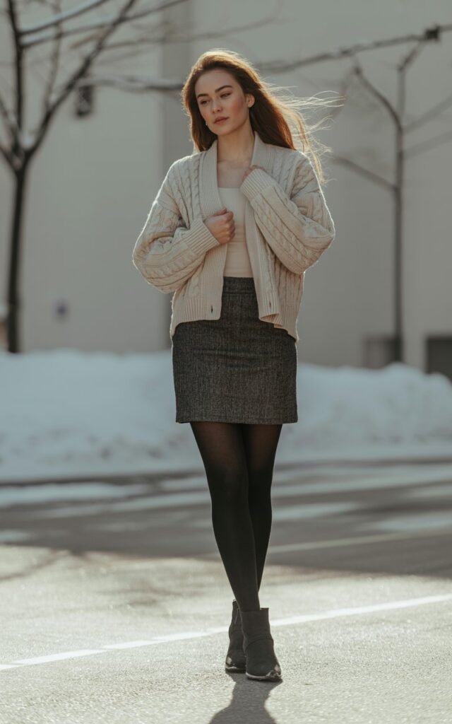 A natural-looking young woman wearing a structured mini skirt softened with a cozy knit cardigan. Theme mini skirt outfit winter