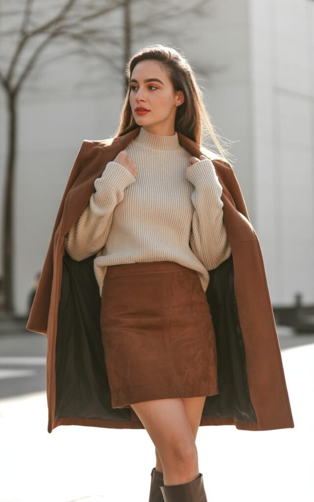 A natural-looking young woman wearing a suede mini skirt balanced with a ribbed mock-neck top. Theme mini skirt outfit winter