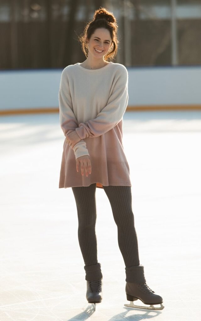 A natural-looking young woman wearing a sweater dress styled with thermal tights. Theme ice skating outfit