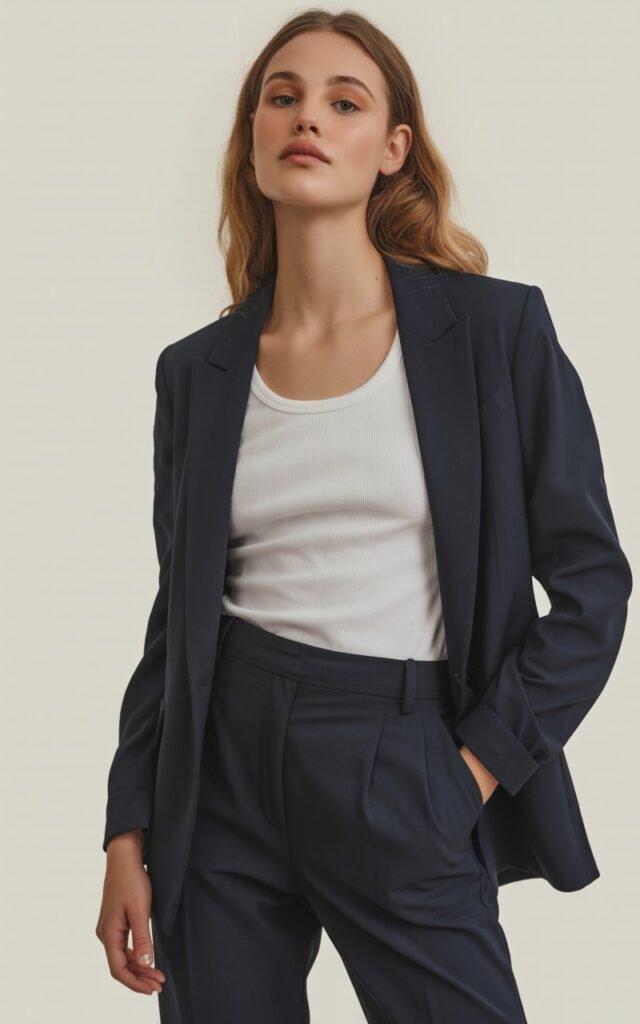 A natural-looking young woman wearing a tailored blazer layered over a simple tank and trousers. Theme lookbook outfits