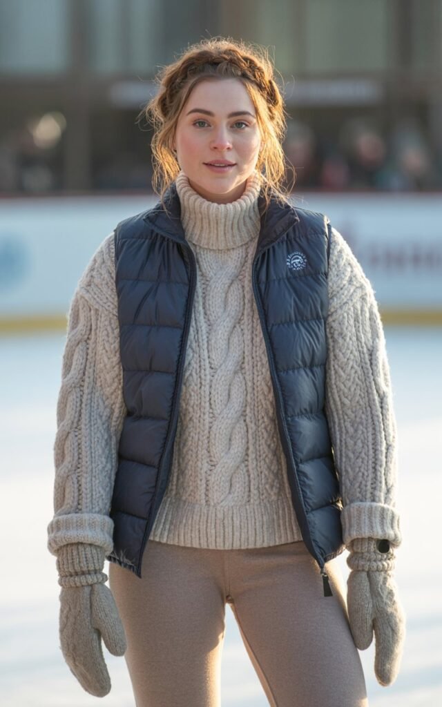 A natural-looking young woman wearing a textured winter outfit featuring knits, puffers, and fleece. Theme ice skating outfit