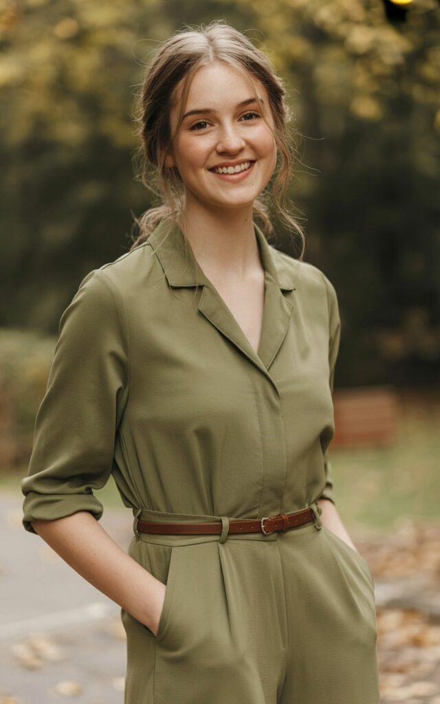 A natural-looking young woman wearing a well-fitted jumpsuit with a defined or belted waistline. Theme family photo outfits