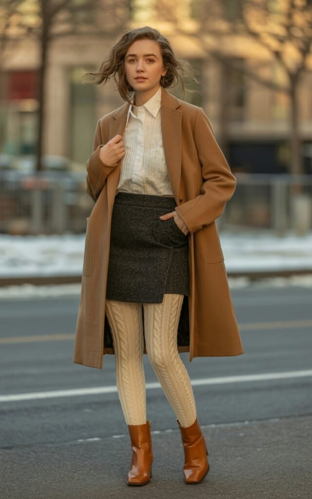 A natural-looking young woman wearing a wool mini skirt styled with a tailored long coat in neutral tones. Theme mini skirt outfit winter