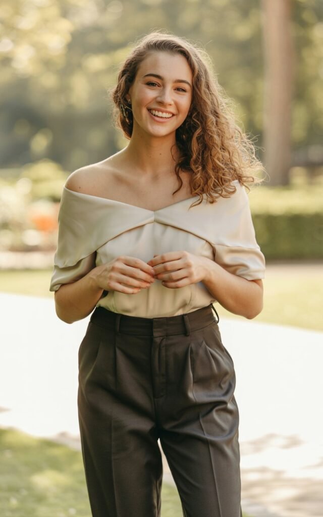 A natural-looking young woman wearing an off-the-shoulder top paired with tailored trousers. Theme family photo outfits