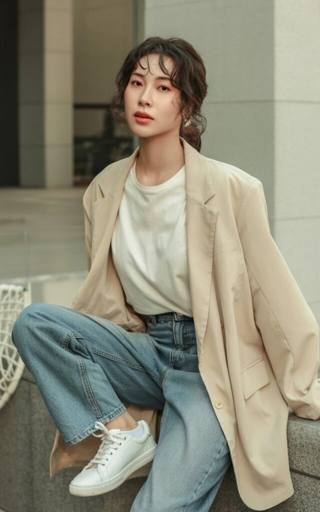 A natural-looking young woman wearing an oversized blazer layered over a simple tee with straight-leg jeans and classic sneakers. Theme korean casual outfits