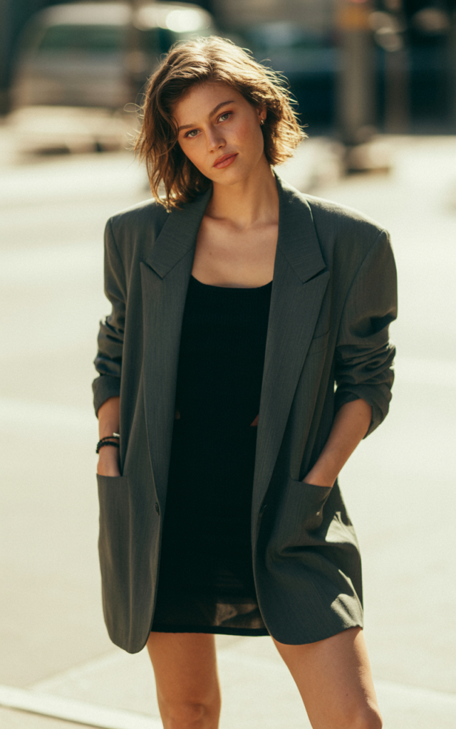 A natural-looking young woman wearing an oversized blazer styled with a mini dress. Theme 90s outfits