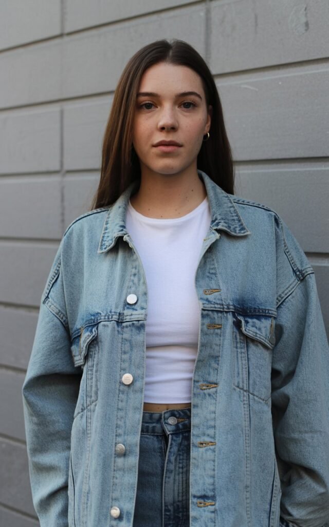 A natural-looking young woman wearing an oversized denim jacket layered over a simple white tee. Theme 90s outfits