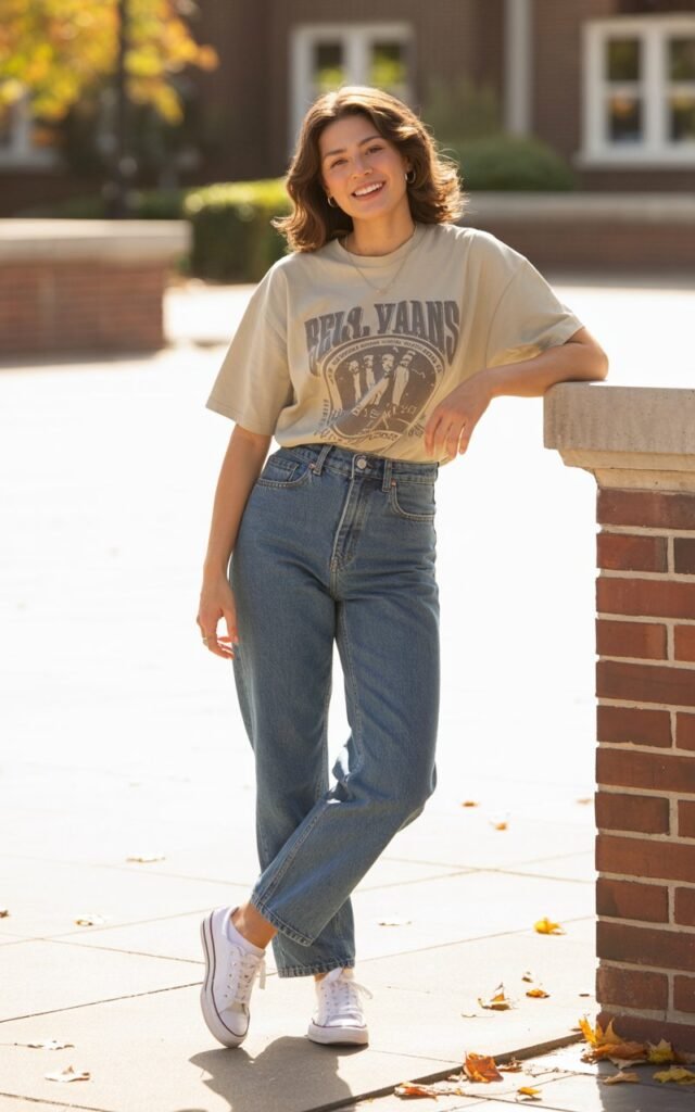 “A natural-looking young woman wearing an oversized graphic tee paired with straight-leg jeans and sneakers. Theme cute outfits for school”