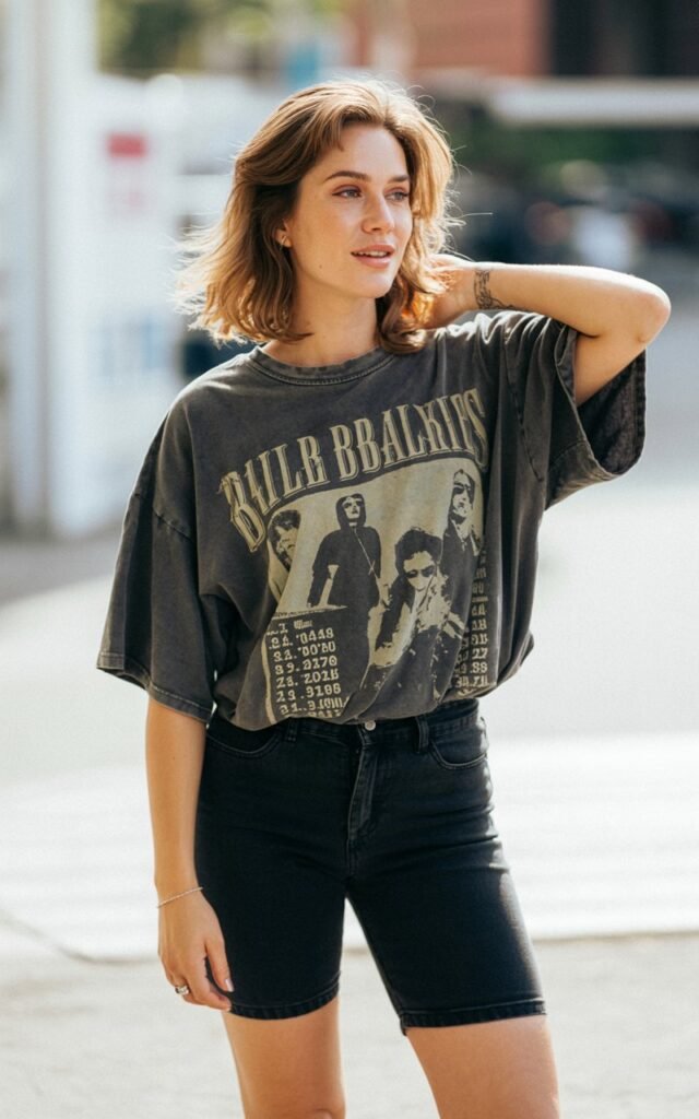 A natural-looking young woman wearing an oversized graphic tee styled with biker shorts. Theme 90s outfits