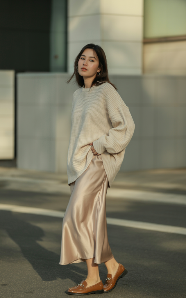 A natural-looking young woman wearing an oversized sweater styled with a satin slip skirt and simple loafers. Theme korean casual outfits