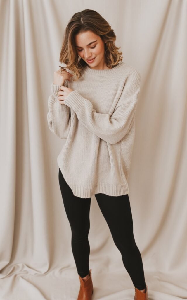 A natural-looking young woman wearing an oversized sweater styled with leggings and boots. Theme lookbook outfits