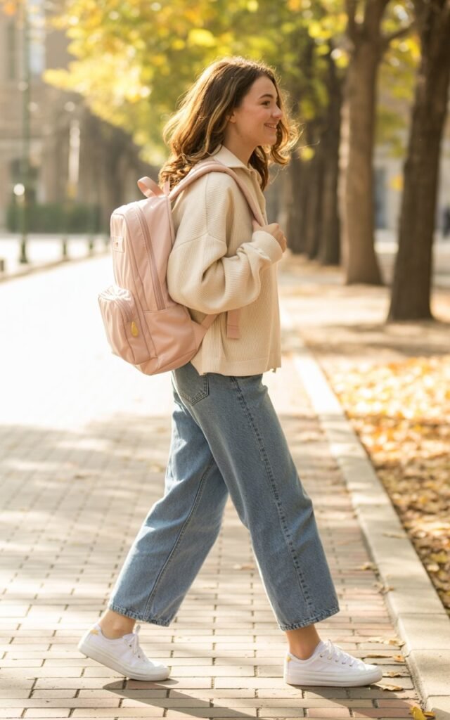 “A natural-looking young woman wearing comfortable sneakers styled with a casual outfit and a backpack. Theme cute outfits for school”