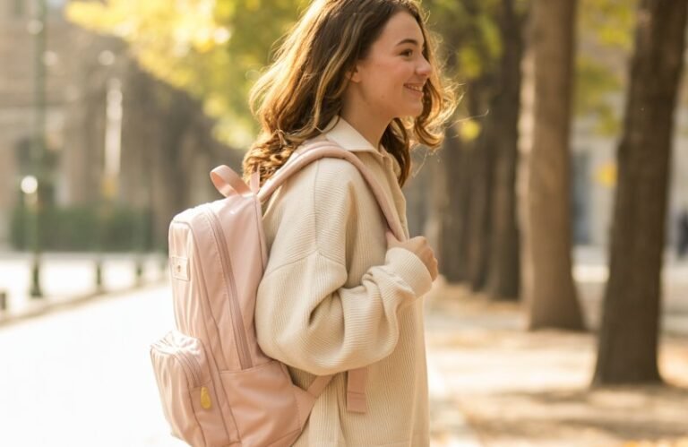 “A natural-looking young woman wearing comfortable sneakers styled with a casual outfit and a backpack. Theme cute outfits for school”