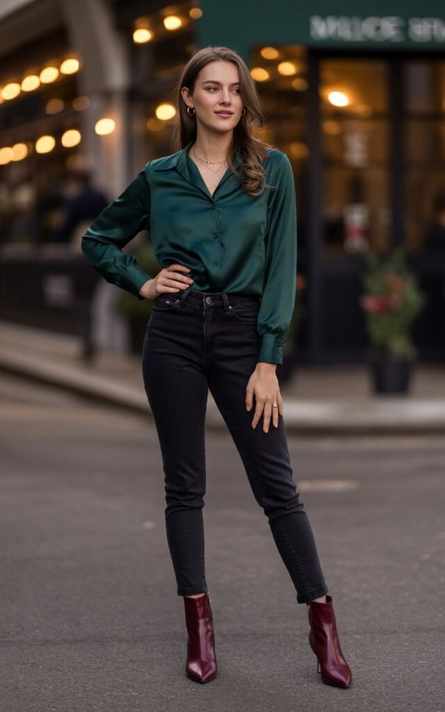 A natural-looking young woman wearing dark skinny jeans paired with a silk blouse and pointed-toe boots. Theme date night outfit winter