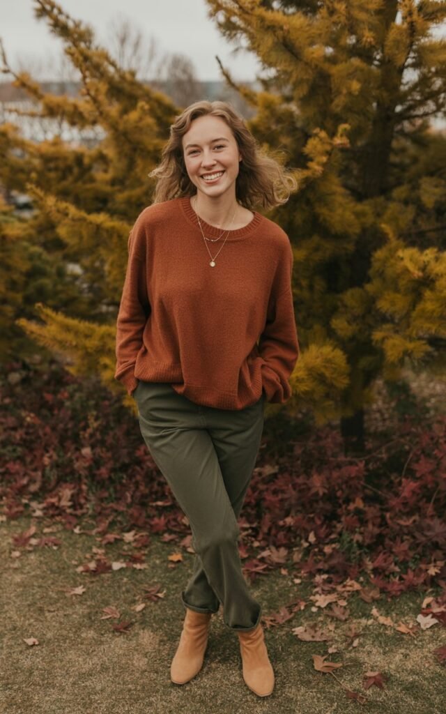 A natural-looking young woman wearing earth-tone pieces in shades like rust, olive, or camel for an outdoor fall look. Theme family photo outfits