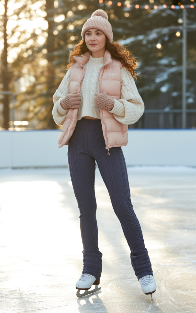 A natural-looking young woman wearing high-waisted fleece-lined leggings styled for cold weather comfort. Theme ice skating outfit