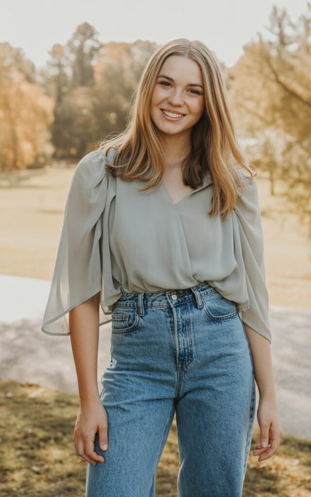 A natural-looking young woman wearing high-waisted jeans paired with a soft, drapey blouse in chiffon or lightweight cotton. Theme family photo outfits