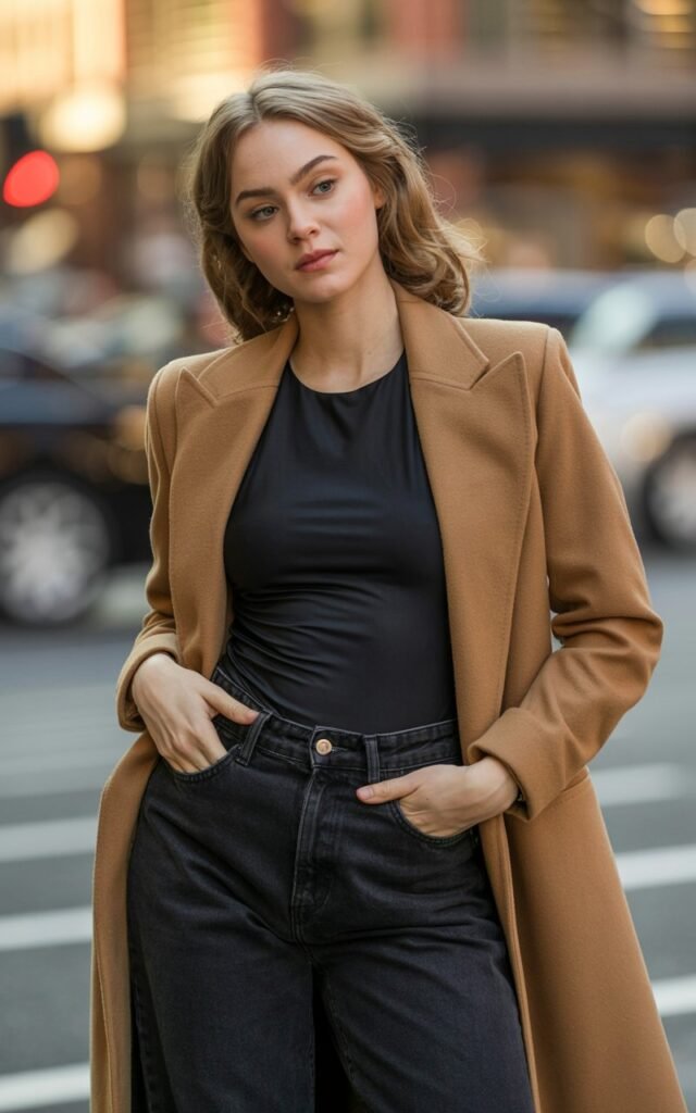 A natural-looking young woman wearing high-waisted jeans styled with a fitted bodysuit and a tailored coat. Theme date night outfit winter