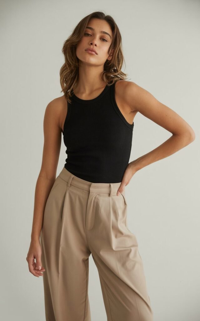 A natural-looking young woman wearing high-waisted trousers paired with a fitted bodysuit. Theme lookbook outfits